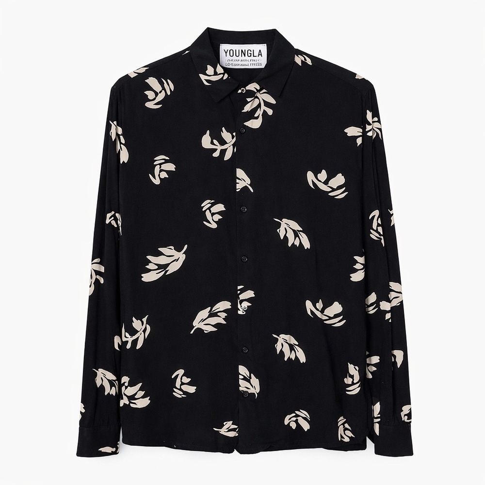 YoungLA Shirt Mens Medium Floral Black Cream Leaf Print 804 Long Sleeve Viscose
